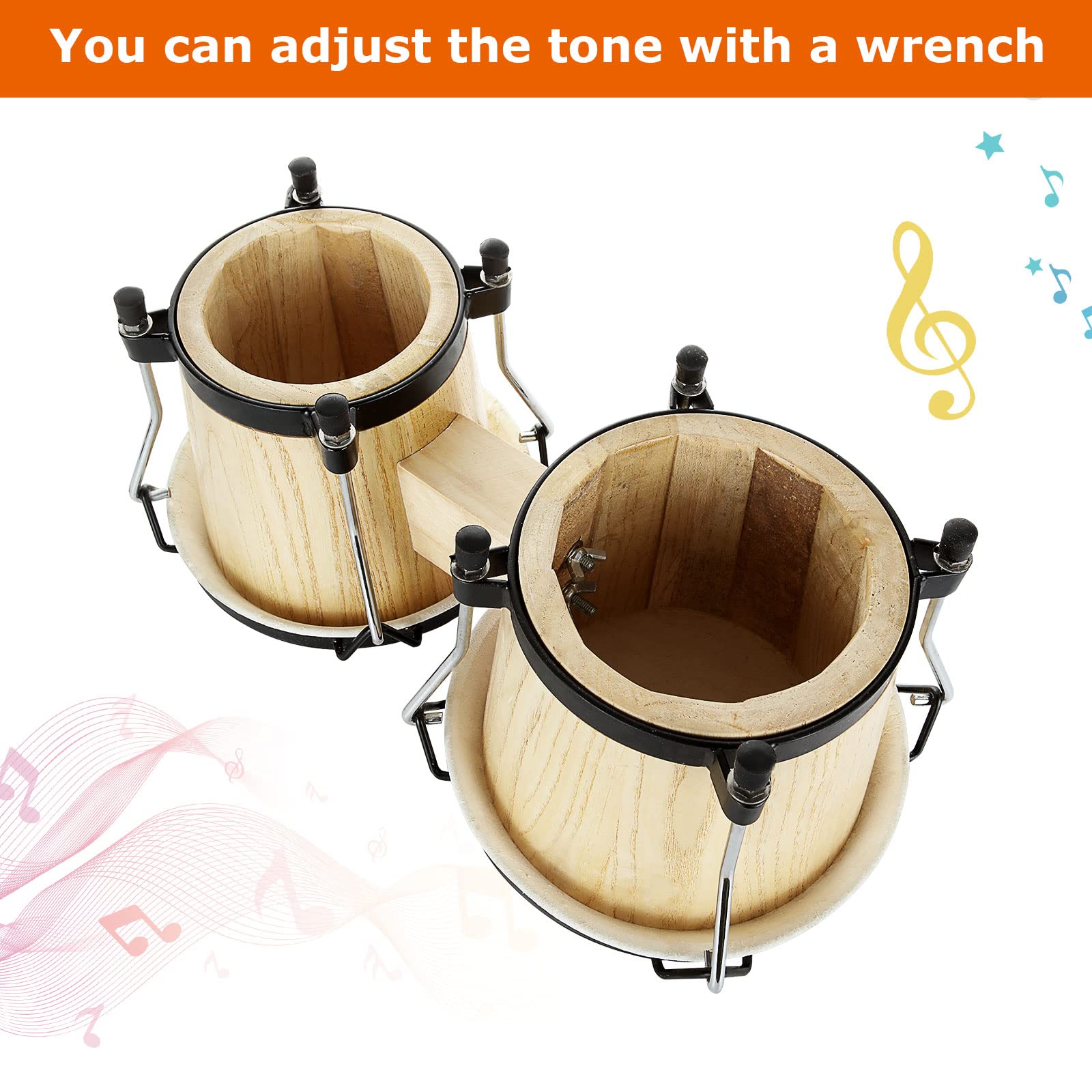 Bongo Drums 2 Set 6" and 7" Drum Set Bongos for Adults, Musical Latin Percussion Instruments Traditional Wood Bongos with Tuning Wrench