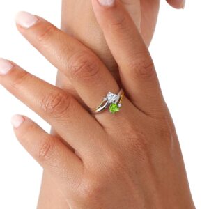 Gem Stone King 925 Silver 10K Yellow Gold Green Peridot and Moissanite 2 Tone 2 Heart Women Engagement Mother Ring (0.94 Cttw, Heart Shape 5MM) (Size 6)