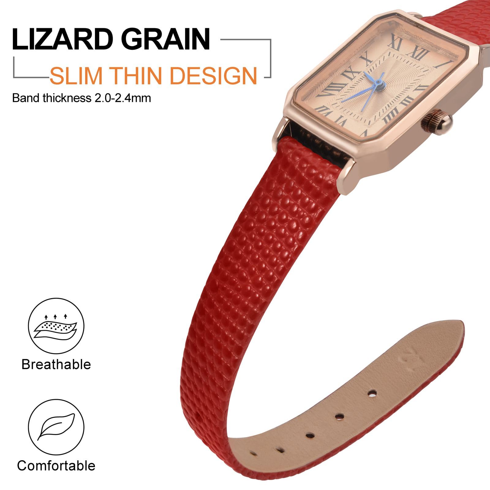 ANNEFIT Women's Leather Watch Band 12mm with Rose Gold Buckle, Lizard Grain Slim Thin Replacement Strap (Red)