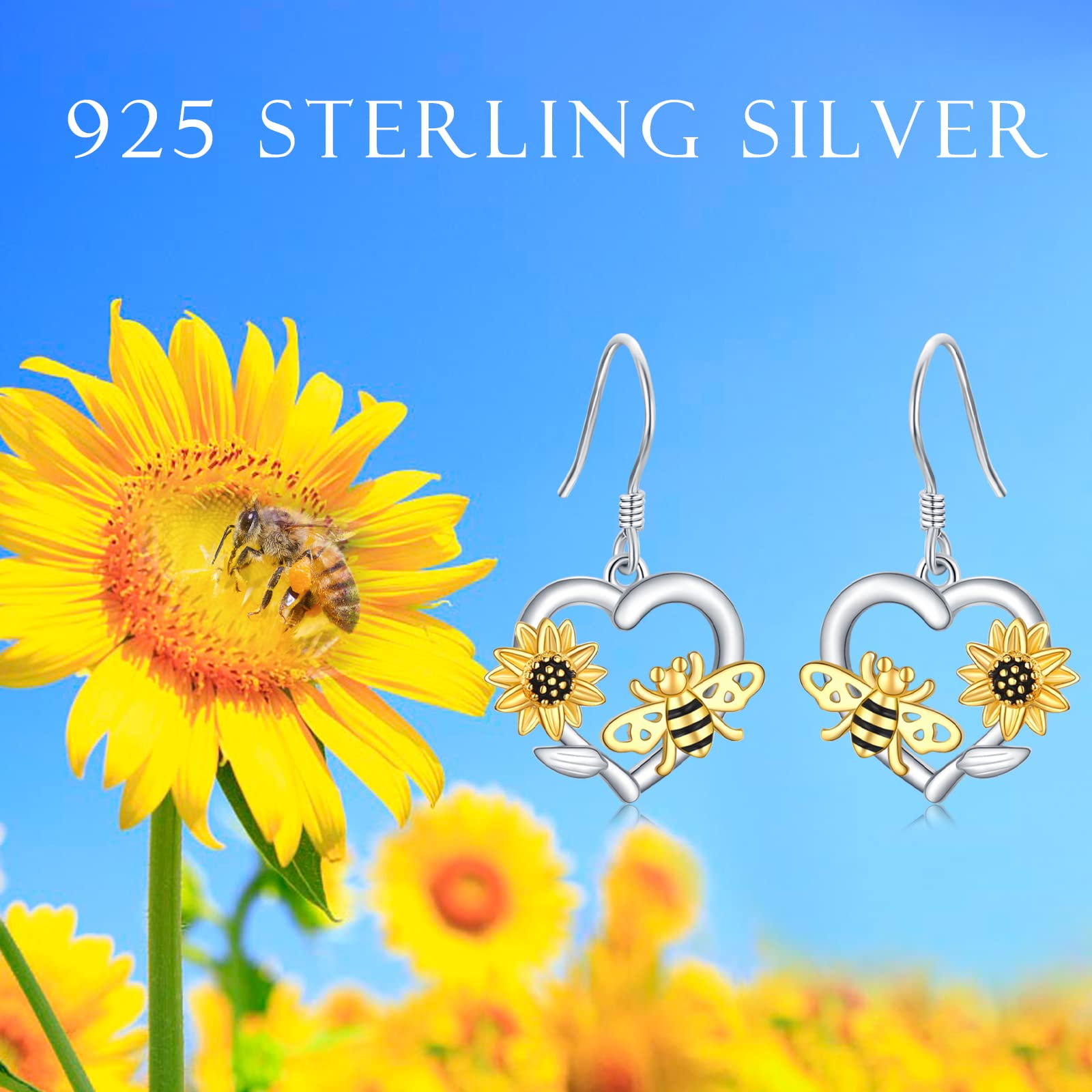 Sunflower Dangle Earrings 925 Sterling Silver Bee Drop Sunflower Earrings Hypoallergenic Christmas Thanksgiving Sunflower Bee Jewelry Gifts for Women Girls