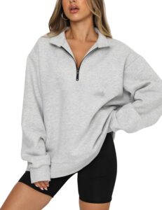 safrisior women’s oversized half zip sweatshirt drop shoulder long sleeves collar quarter 1/4 zipper pullover grey