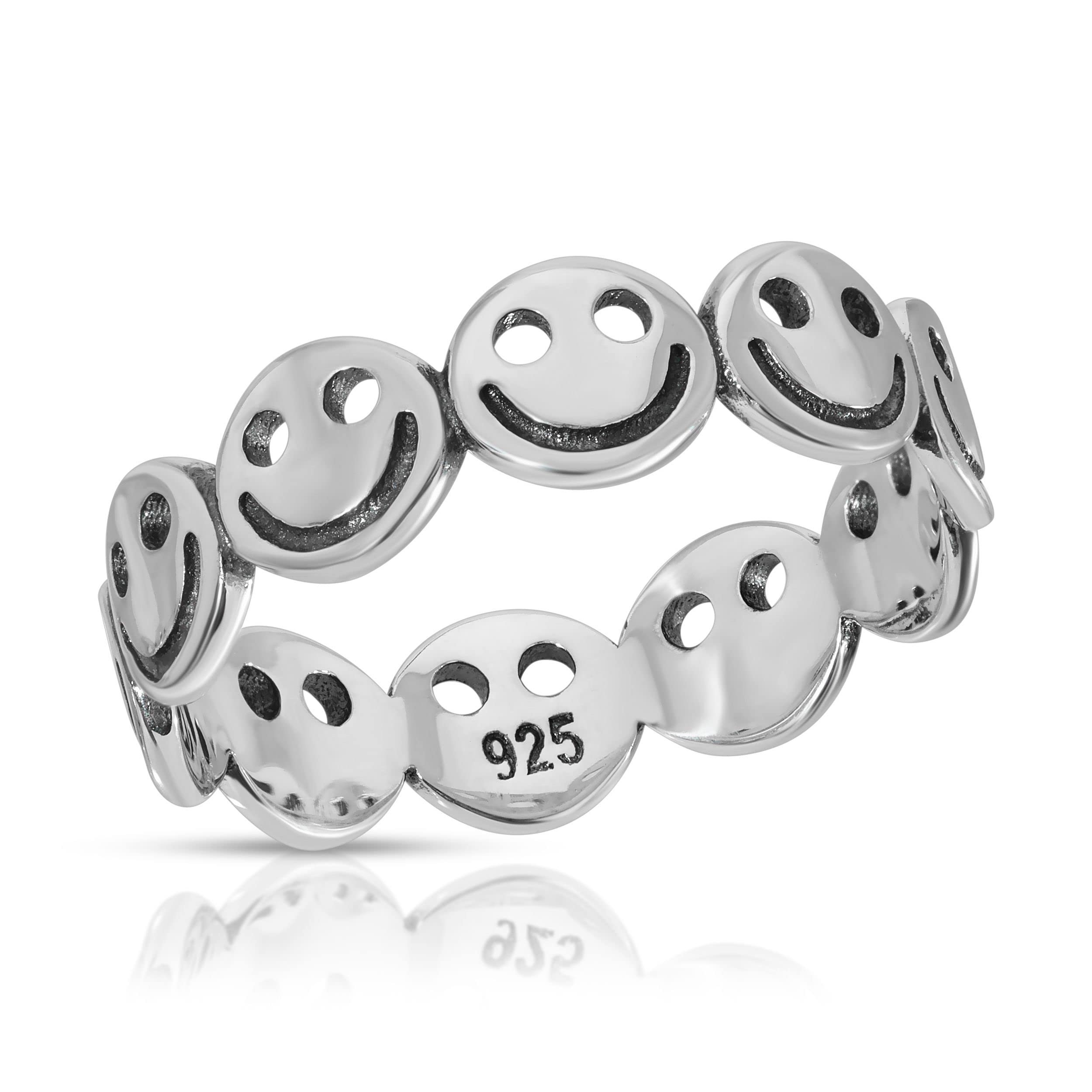 Sterling Silver 925 Happy Face Ring Smiley Face Band Women Adorable Jewelry (10)