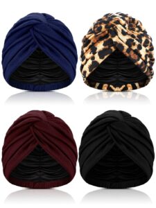 4 pieces turbans for women silk satin lined turban head wrap adjustable twisted turban headwrap hair cover wrap (retro color)