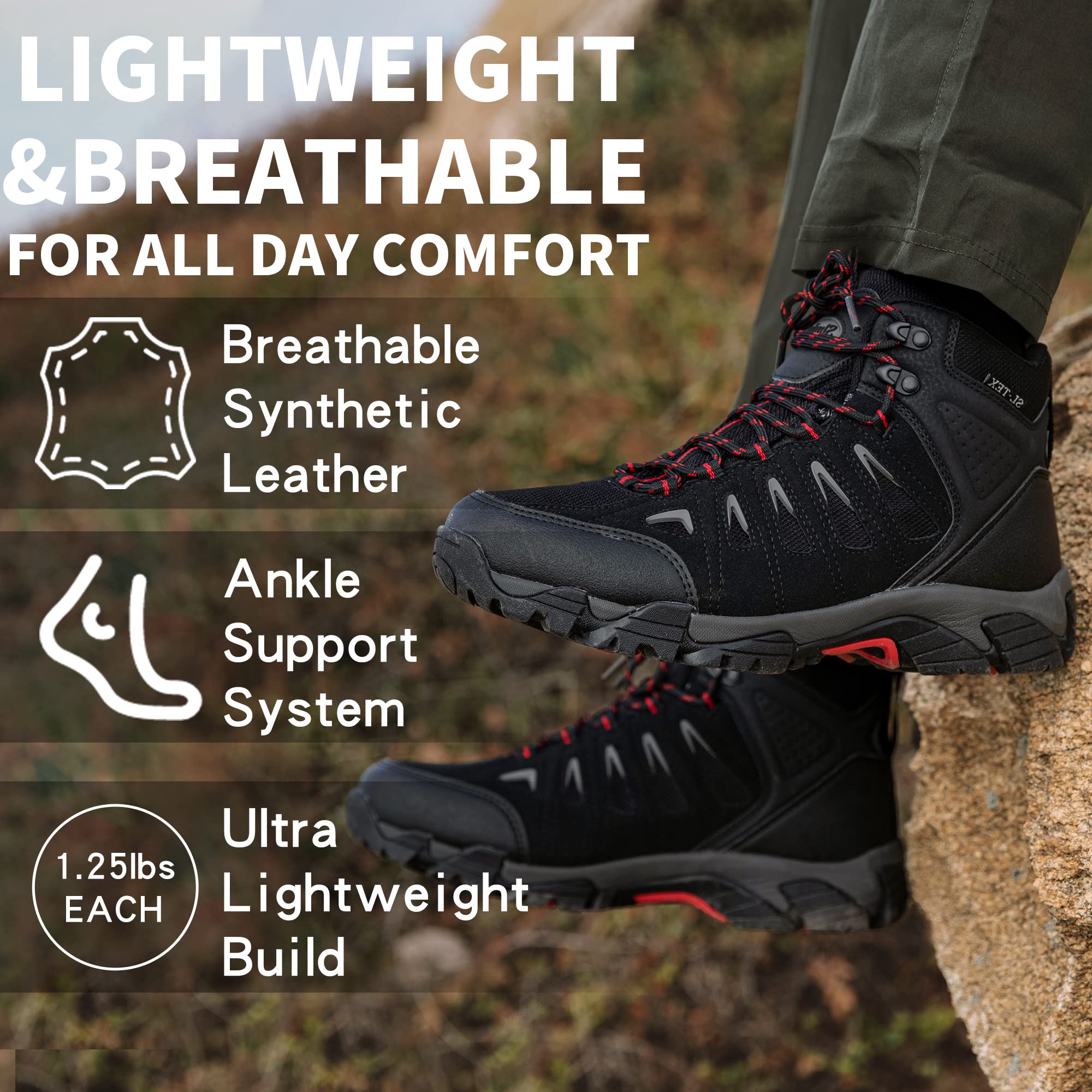 SHULOOK Men's Waterproof Hiking Boots Non-Slip Lightweight Outdoor Mid Top Ankle Boot Breathable Hiker Work Trekking Shoes