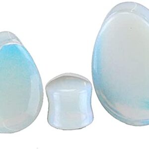 Pair 1-1/2" (38MM) OPALITE TEARDROP STONE PLUGS Double Flare Gauges Organic Moonstone White Clear Tunnels (2pcs)