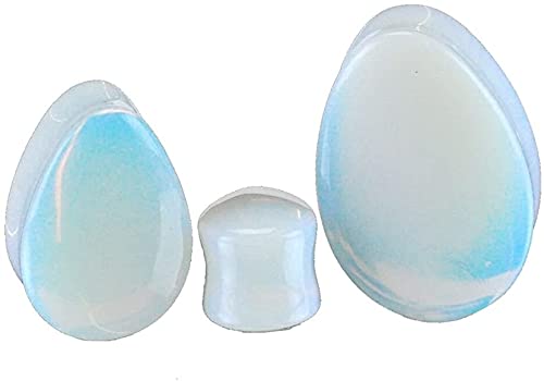 Pair 1-1/2" (38MM) OPALITE TEARDROP STONE PLUGS Double Flare Gauges Organic Moonstone White Clear Tunnels (2pcs)