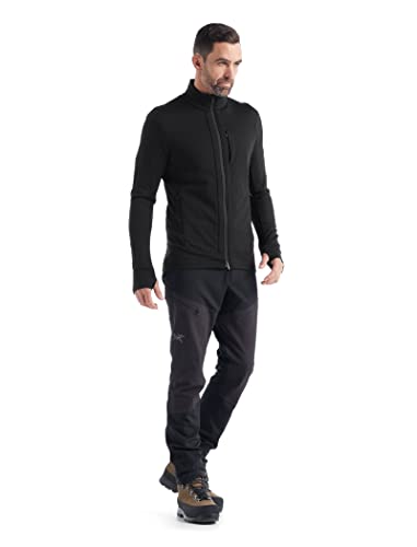 Icebreaker Merino Quantum III Men’s Full Zip Up Sweater, 100% Merino Wool, Comfy, Slim-Fit Zip Up Jacket for Men with Zippered Pockets, Thumb Loops - Premium Outdoor Sweat Shirt, Black, Medium