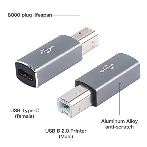 QIANRENON USB C to B Print Converter Type C to MIDI Digital Interface Adapter, Connect Keyboard to Mobile Phone via OTG, for Printer, Electric Piano, Silver Gray, 2 pcs