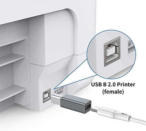 QIANRENON USB C to B Print Converter Type C to MIDI Digital Interface Adapter, Connect Keyboard to Mobile Phone via OTG, for Printer, Electric Piano, Silver Gray, 2 pcs