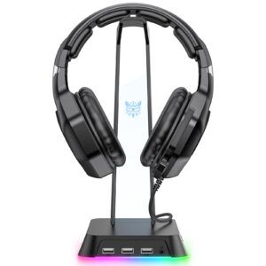 sosisu rgb headphones stand with 3.5mm aux and 3 usb 2.0 ports, gaming headset holder hanger with non-slip rubber base for sosisu gaming headset(not included), pc, desktop (white)