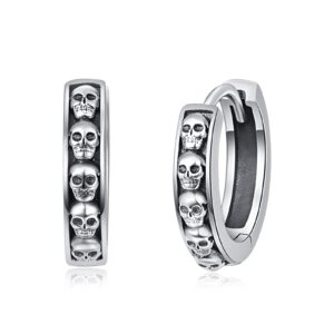 Skull Earrings for Women Men 925 Sterling Silver Black Hoop Earrings Hypoallergenic Huggie Hoop Men Earrings