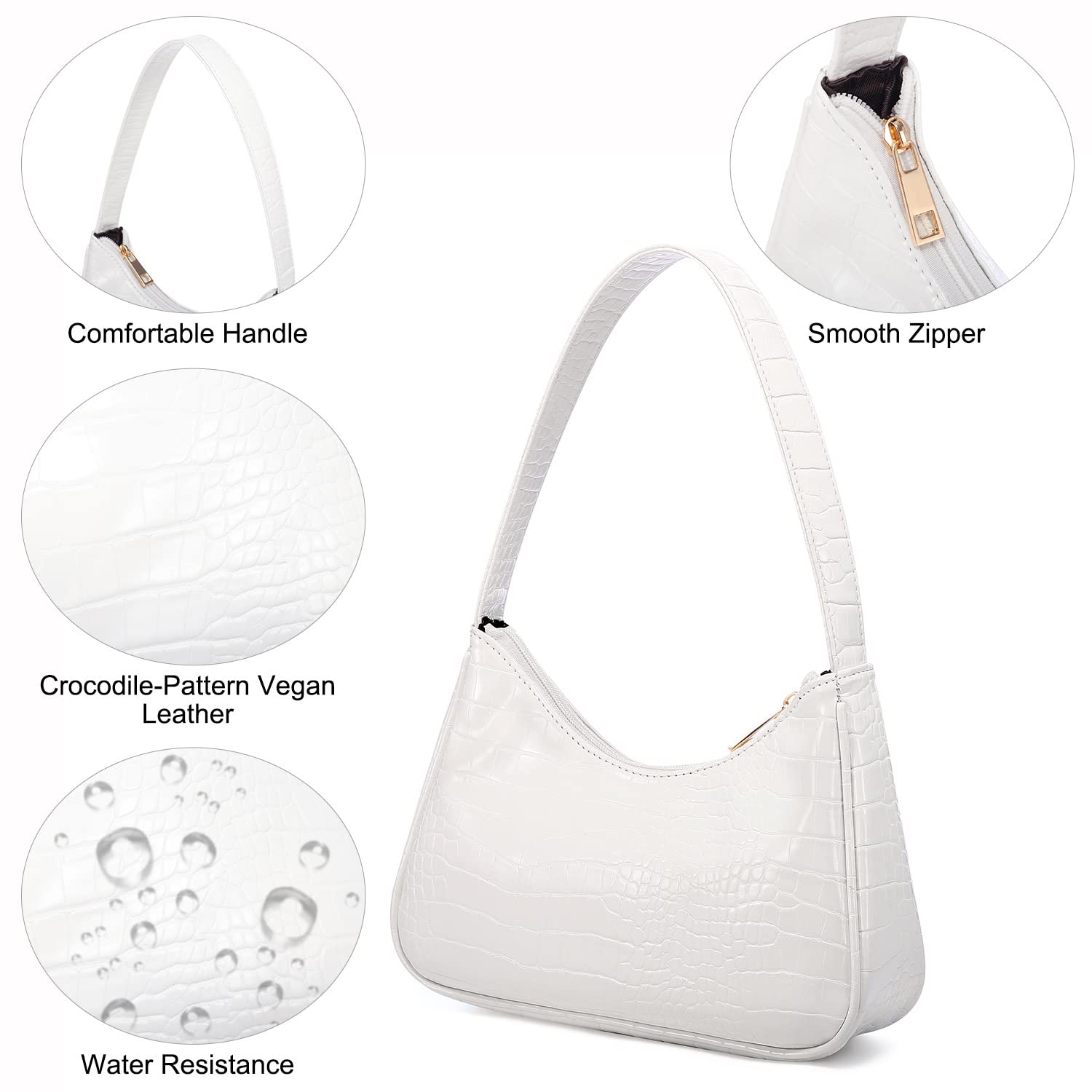 LOVEVOOK Shoulder Bag for Women, Small Purses Croc Pattern Clutch Purse Vegan Leather Little Purse Cute Mini Handbag with Zipper Closure, White