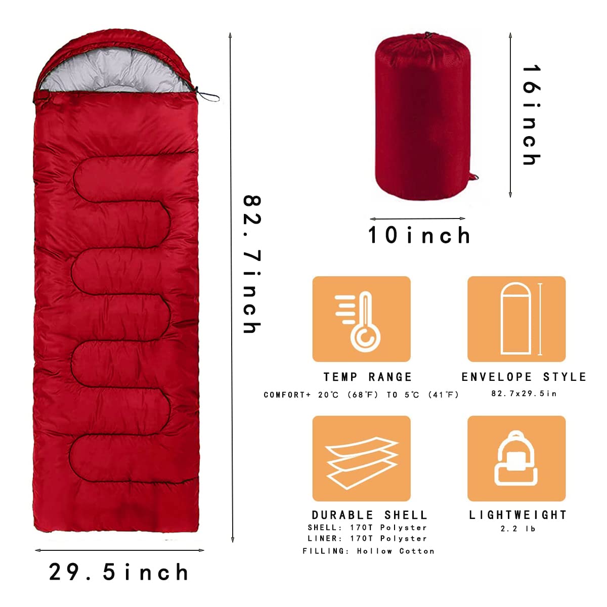 GUYUSM Camping Sleeping Bag - Lightweight Backpacking Sleeping Bag for Adults Boys and Girls, Waterproof Camping Gear Equipment, Outdoors Travel Essentials, Red, Rectangle