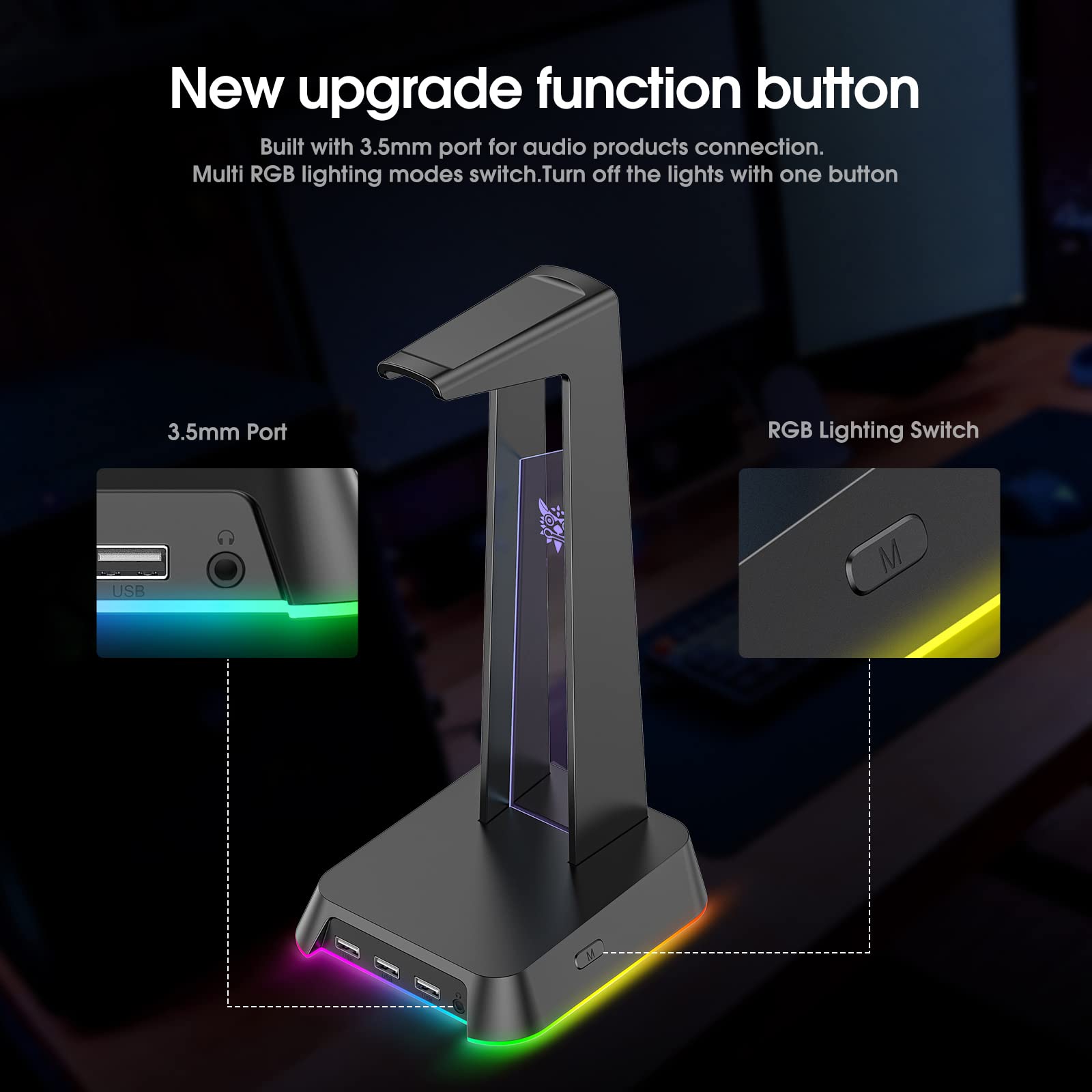 SOSISU RGB Headphones Stand with 3.5mm AUX and 3 USB 2.0 Ports, Gaming Headset Holder Hanger with Non-Slip Rubber Base for SOSISU Gaming Headset(Not Included), PC, Desktop (White)