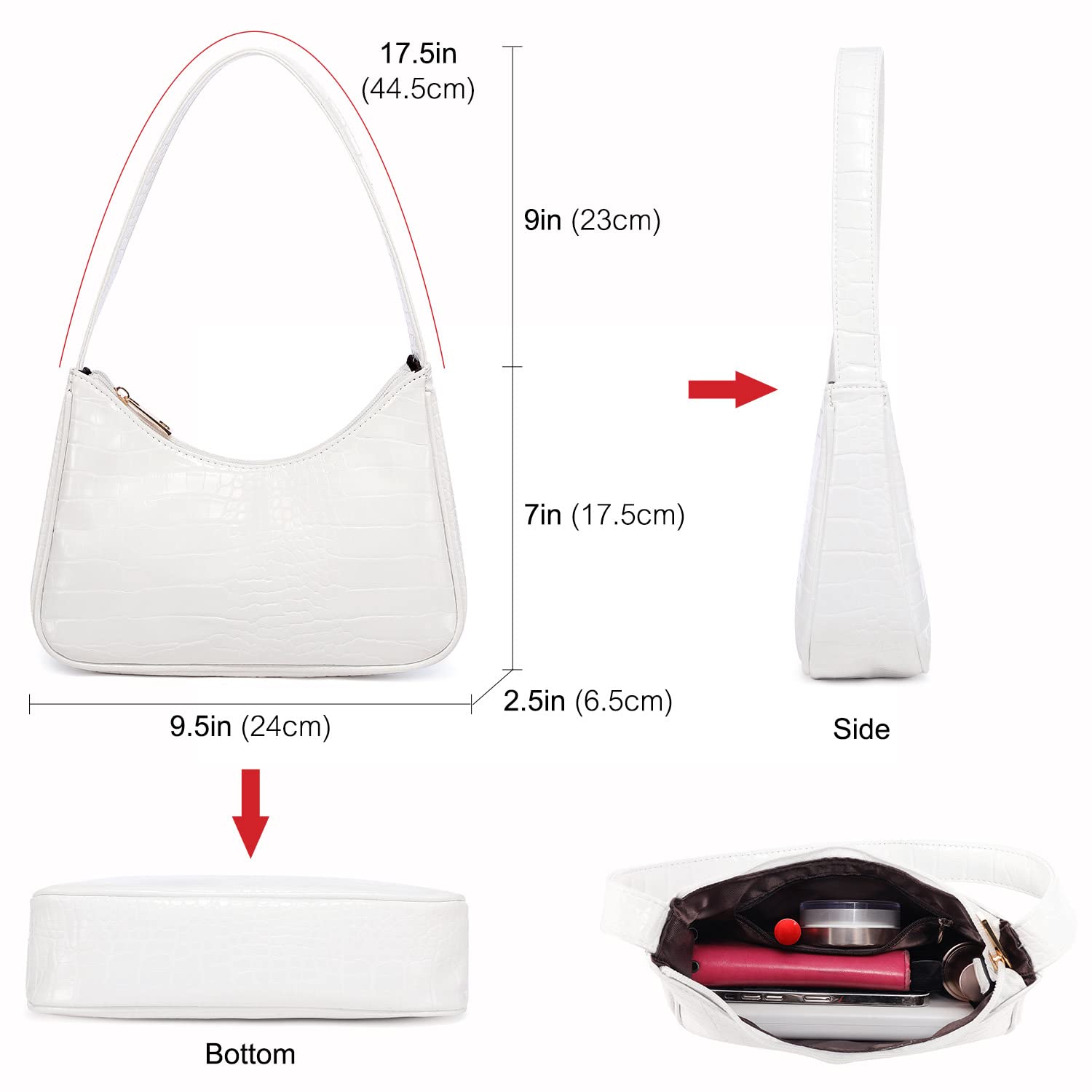 LOVEVOOK Shoulder Bag for Women, Small Purses Croc Pattern Clutch Purse Vegan Leather Little Purse Cute Mini Handbag with Zipper Closure, White