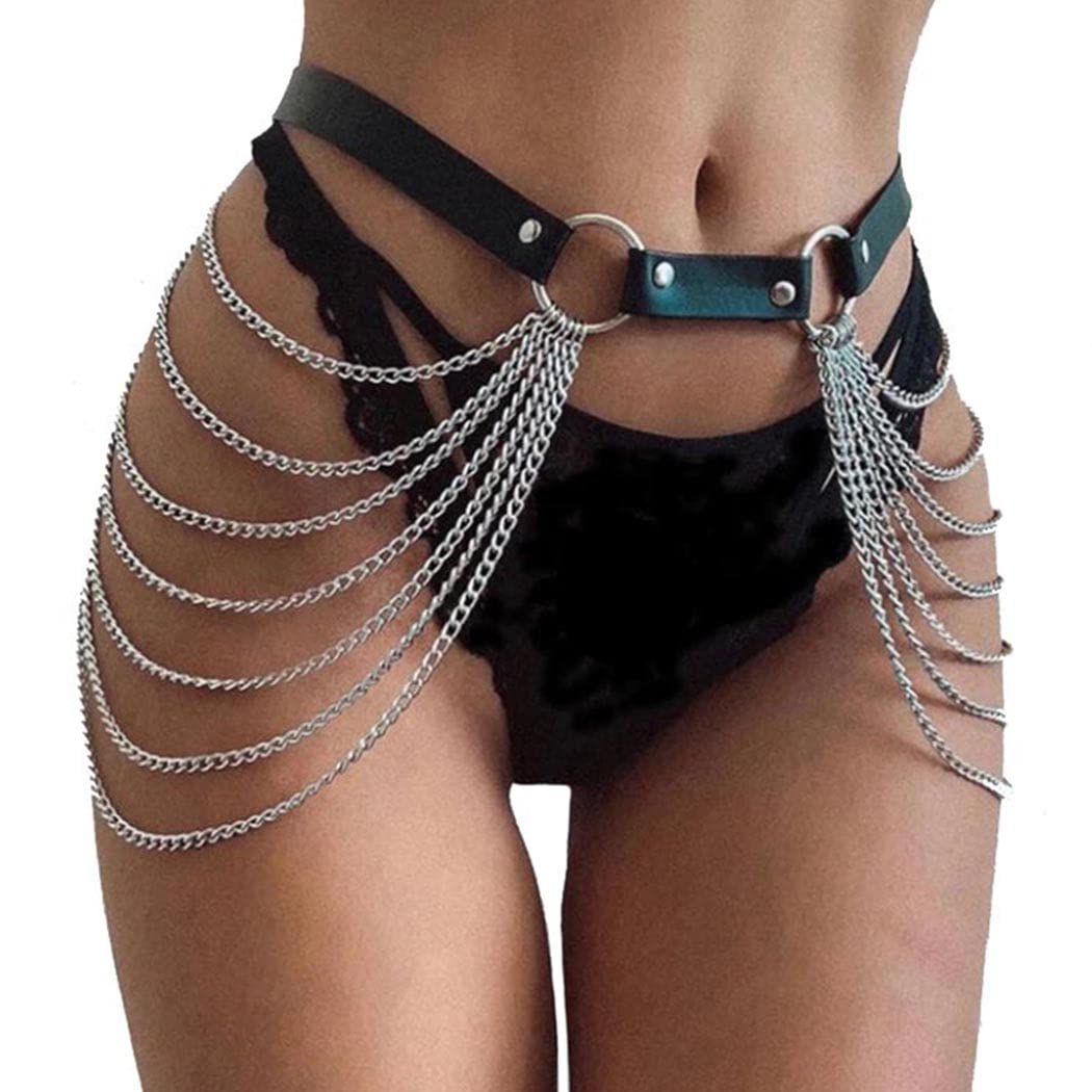 Punk Leather Waist Chain Silver Belly Body Chains Festival Body Chain Jewelry for Women and Girls