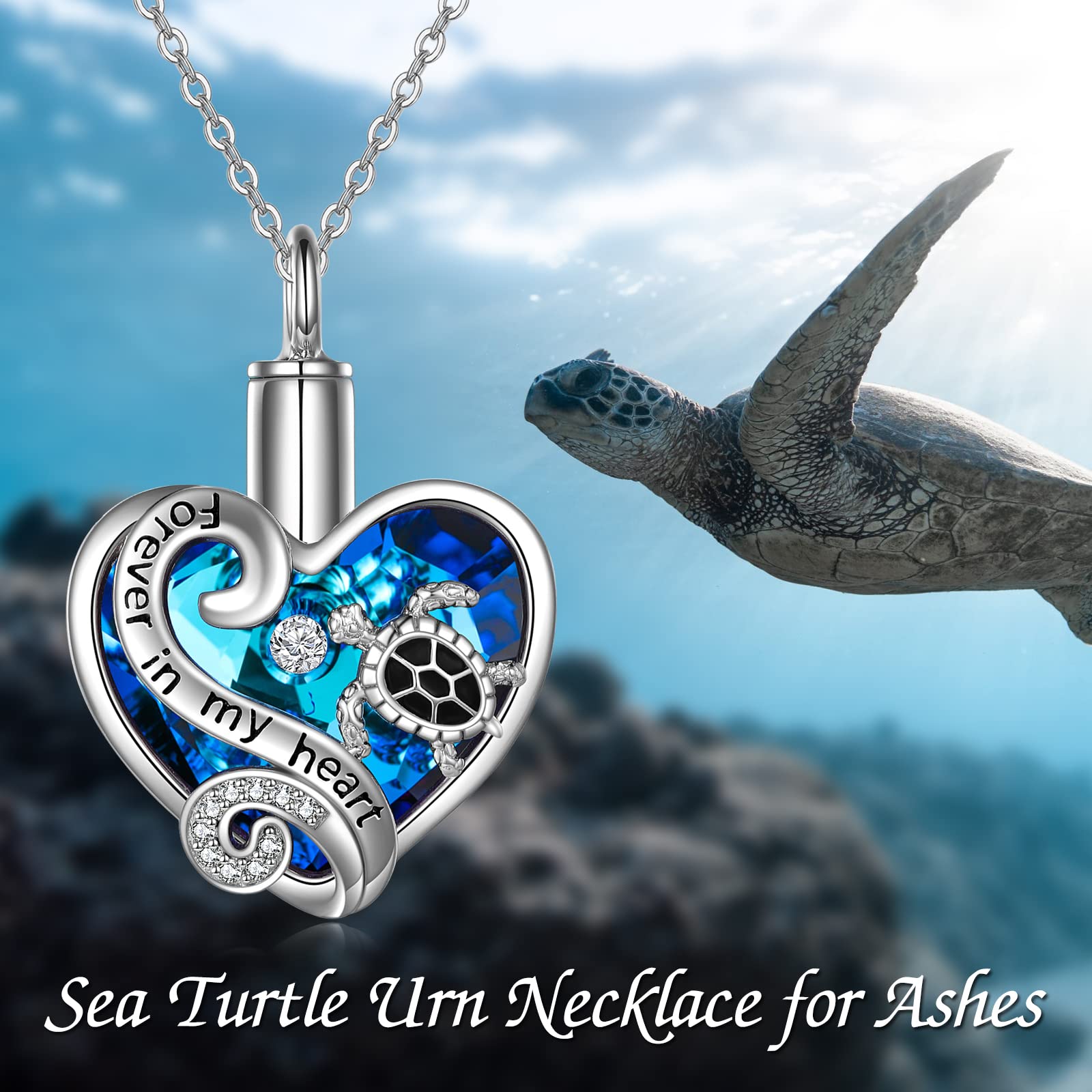 WINNICACA Cremation Jewelry for Ashes for Women Sterling Silver Sea Turtle Urn Necklace for Ashes with Heart Crystal Keepsake Memorial Urn Jewelry Turtle Jewelry for Human Ashes of Loved Ones