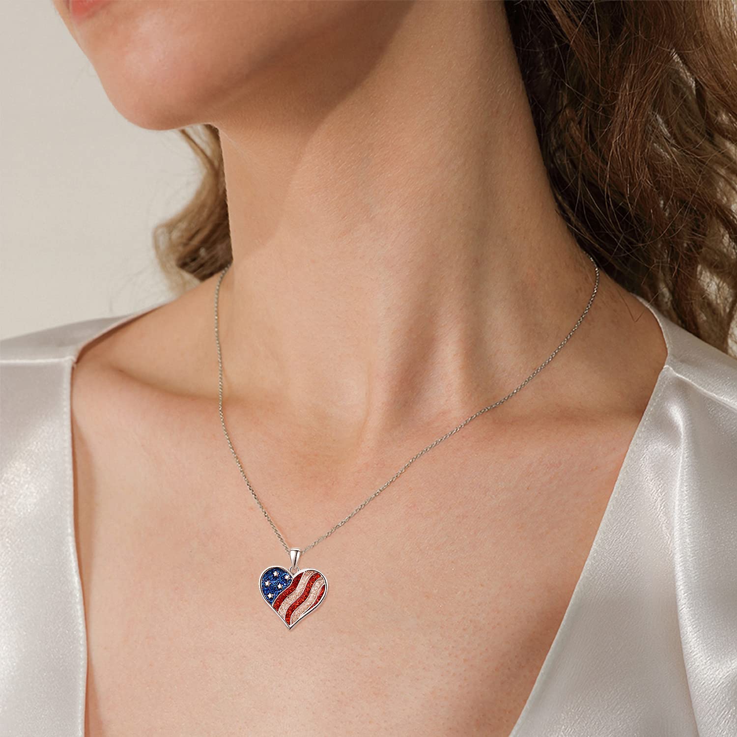 TANGPOET American Flag Necklace 925 Sterling Silver Heart Pendant American Flag Jewelry Patriot Gifts for Women