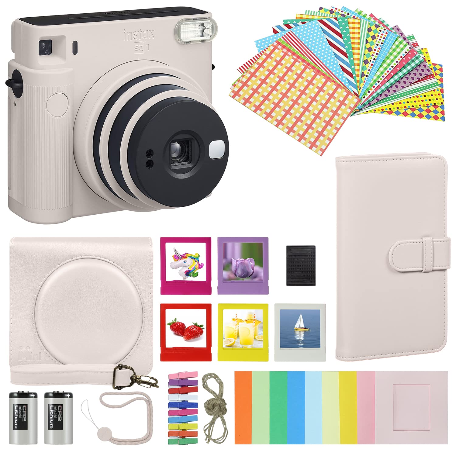 Instax Square SQ1 Instant Camera Chalk White with Carrying Case + Accessories Bundle, Photo Album, Assorted Frames + More