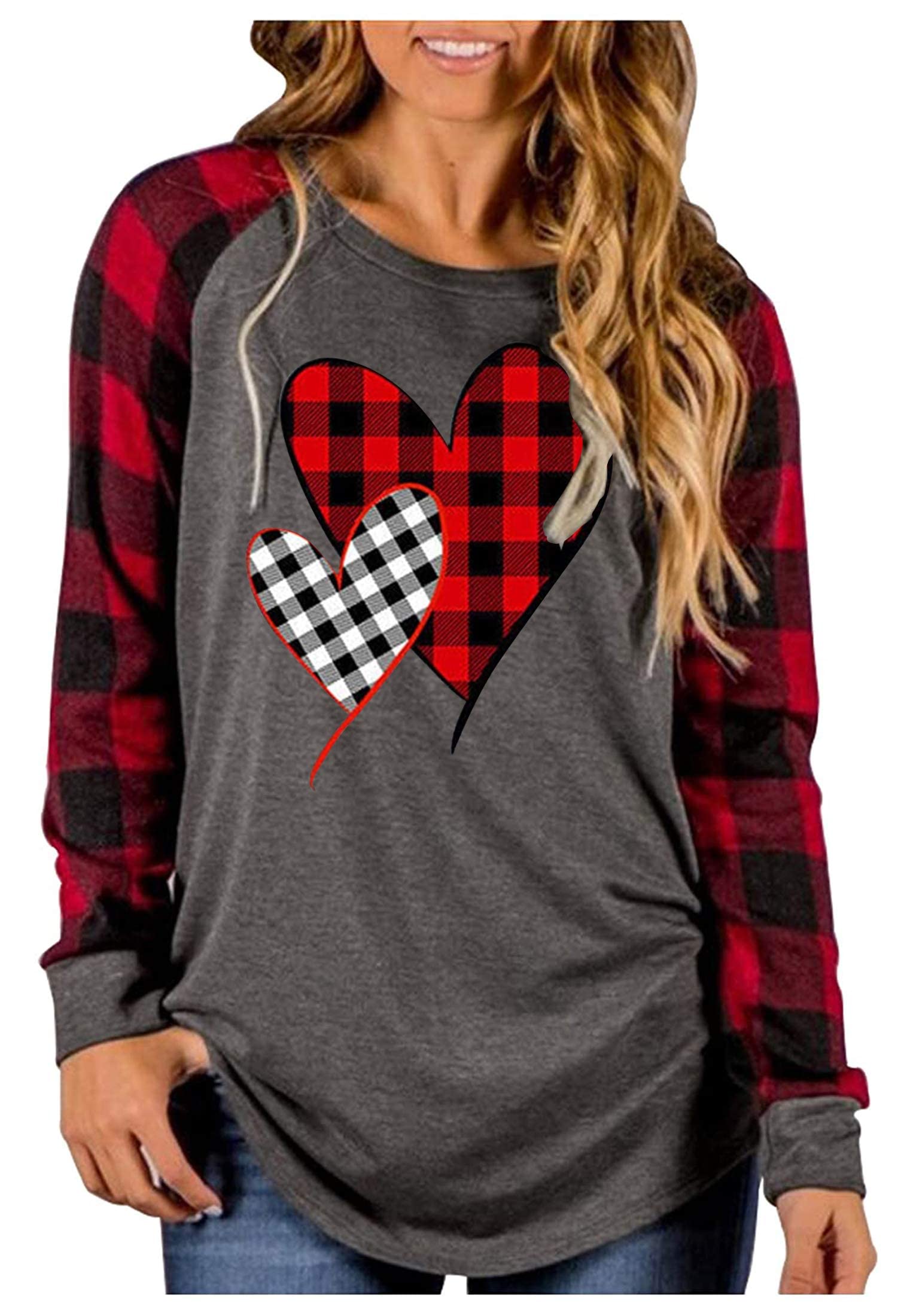 MHTOR Valentine's Day Shirt Women Buffalo Plaid Love Heart Graphic Tees Letter Print Long Sleeve Tops Shirts (Grey, X-Large)