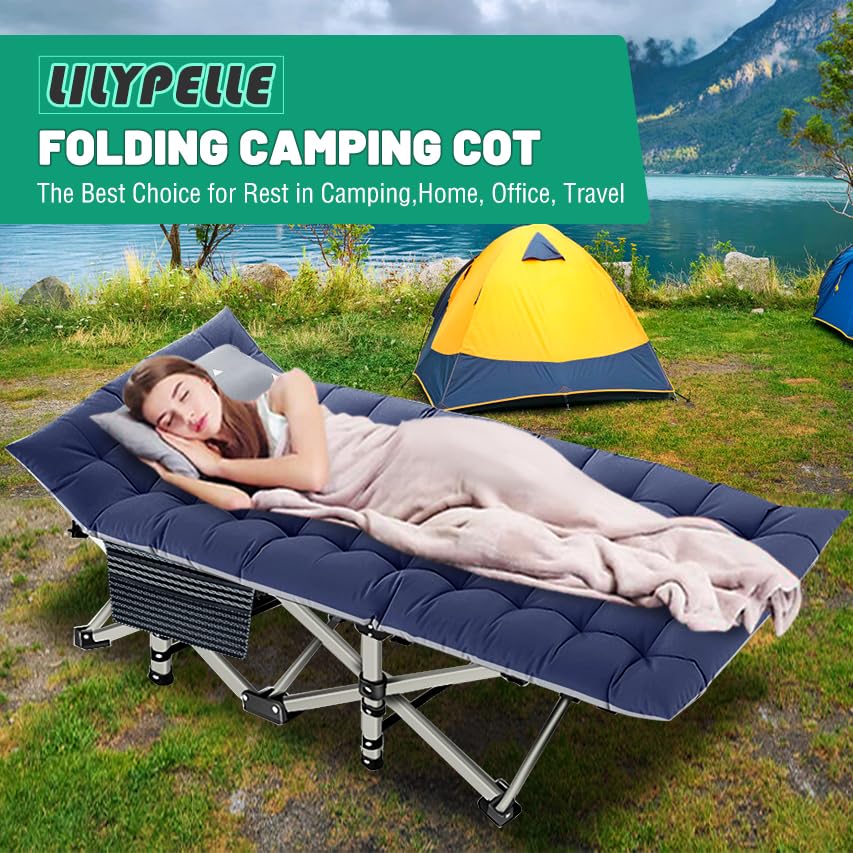 LILYPELLE Folding Camping Cot, Heavy Duty Sleeping Cots with Carry Bag, Double Layer Oxford Portable Travel Camp Cots for Home, Office Nap and Outdoor Beach