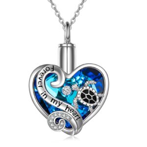 WINNICACA Cremation Jewelry for Ashes for Women Sterling Silver Sea Turtle Urn Necklace for Ashes with Heart Crystal Keepsake Memorial Urn Jewelry Turtle Jewelry for Human Ashes of Loved Ones