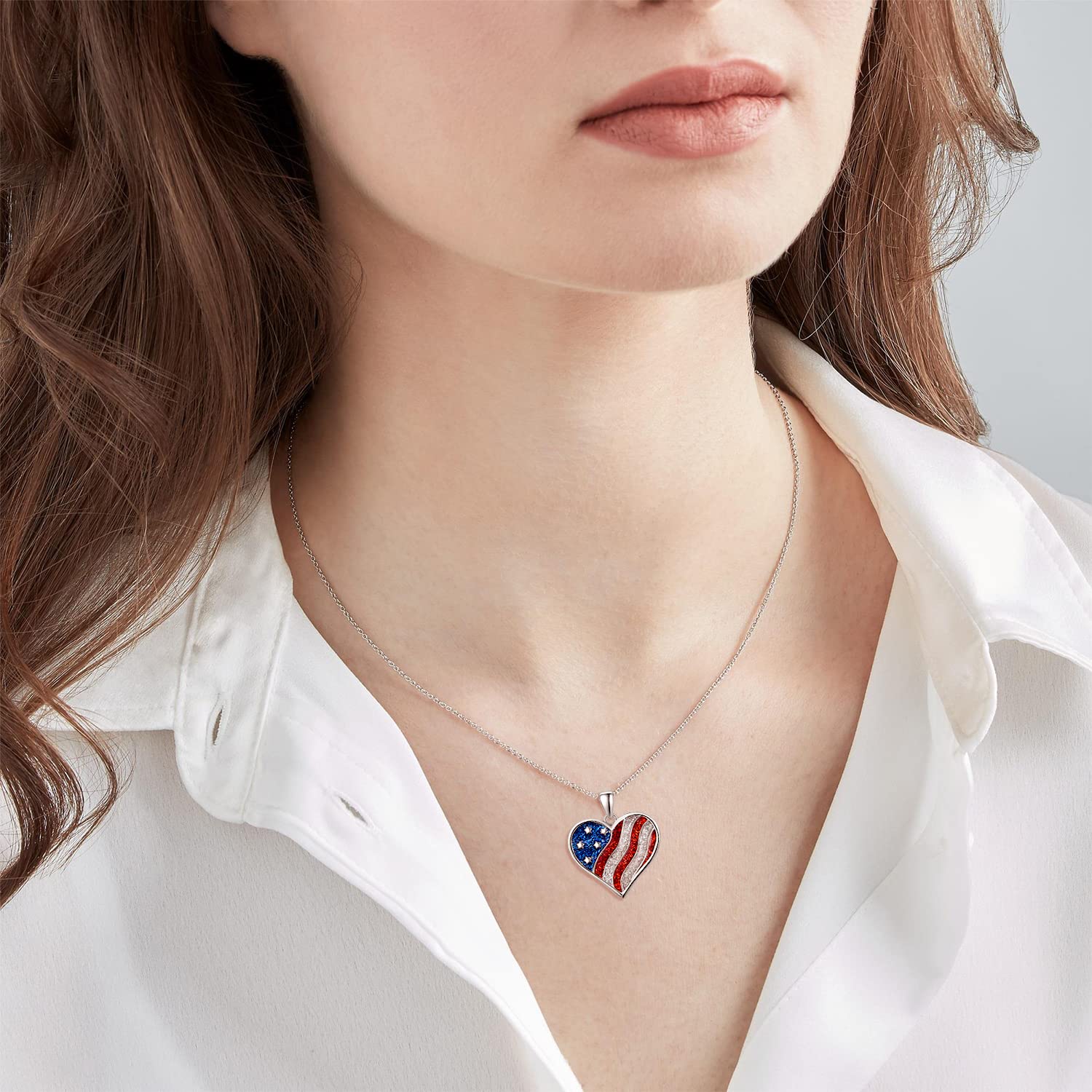 TANGPOET American Flag Necklace 925 Sterling Silver Heart Pendant American Flag Jewelry Patriot Gifts for Women