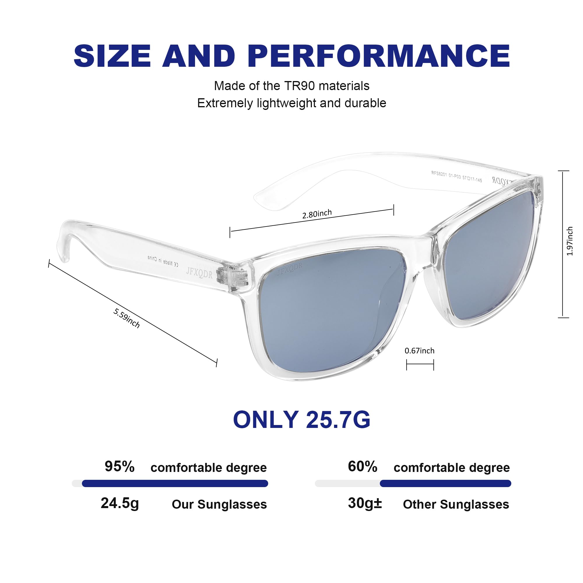 JFXQDR Polarized Sunglasses for Men and Women, XL Square Sun Glasses UV400 Protection RFS8201 (Clear Frame Mirrored Silver Lens)