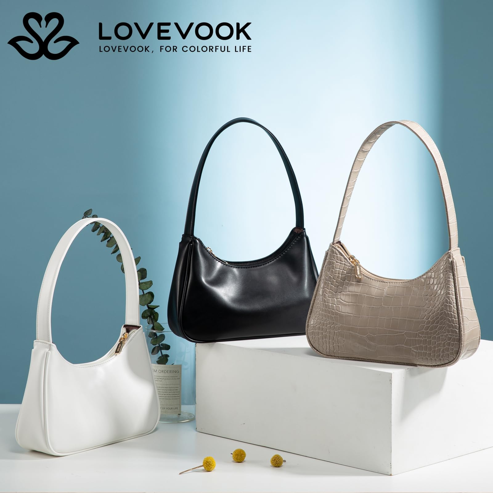 LOVEVOOK Shoulder Bag for Women, Small Purses Croc Pattern Clutch Purse Vegan Leather Little Purse Cute Mini Handbag with Zipper Closure, White