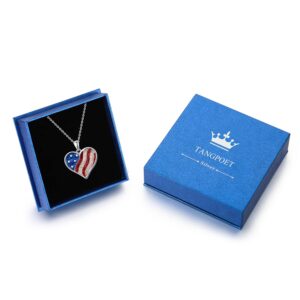 TANGPOET American Flag Necklace 925 Sterling Silver Heart Pendant American Flag Jewelry Patriot Gifts for Women