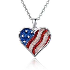 TANGPOET American Flag Necklace 925 Sterling Silver Heart Pendant American Flag Jewelry Patriot Gifts for Women