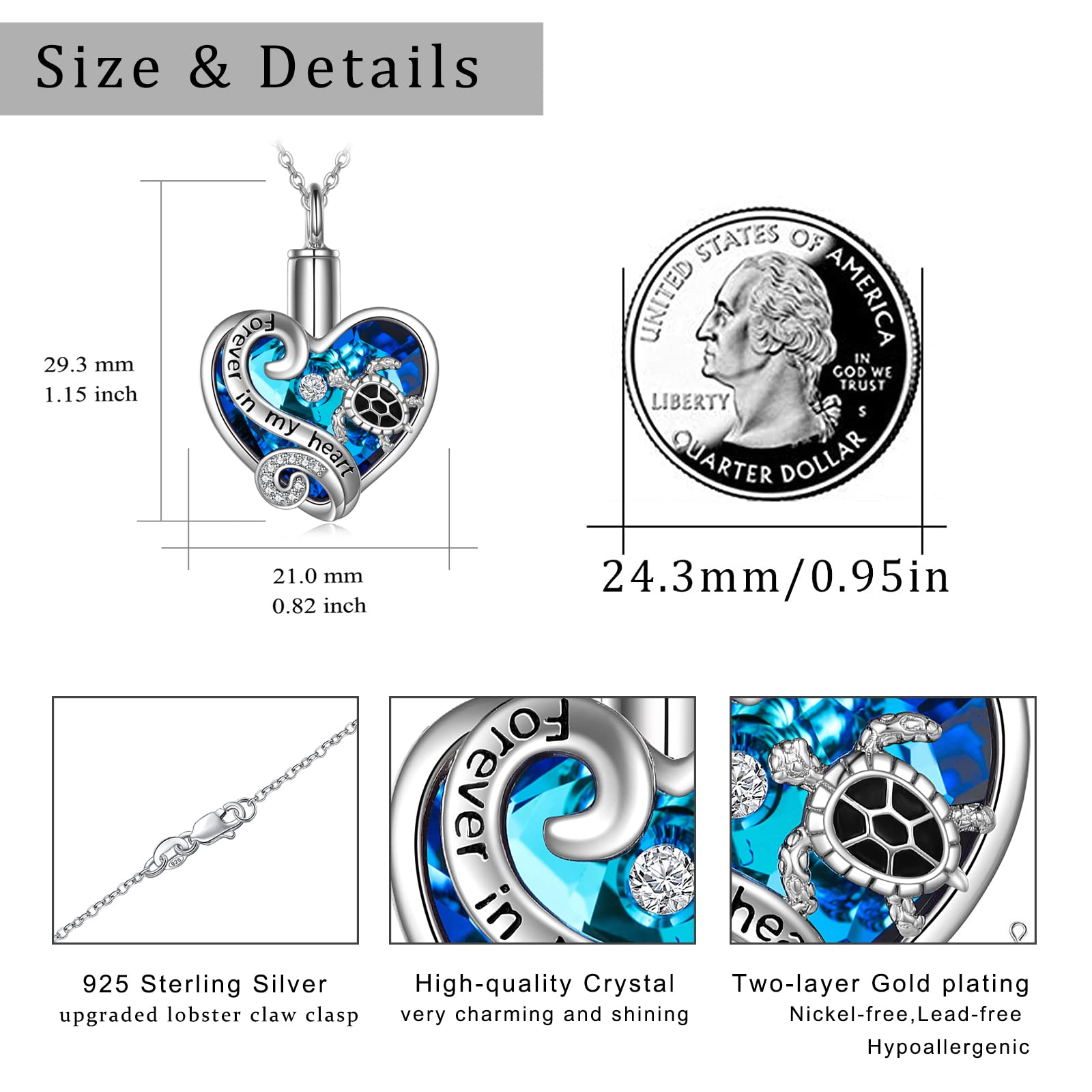 WINNICACA Cremation Jewelry for Ashes for Women Sterling Silver Sea Turtle Urn Necklace for Ashes with Heart Crystal Keepsake Memorial Urn Jewelry Turtle Jewelry for Human Ashes of Loved Ones