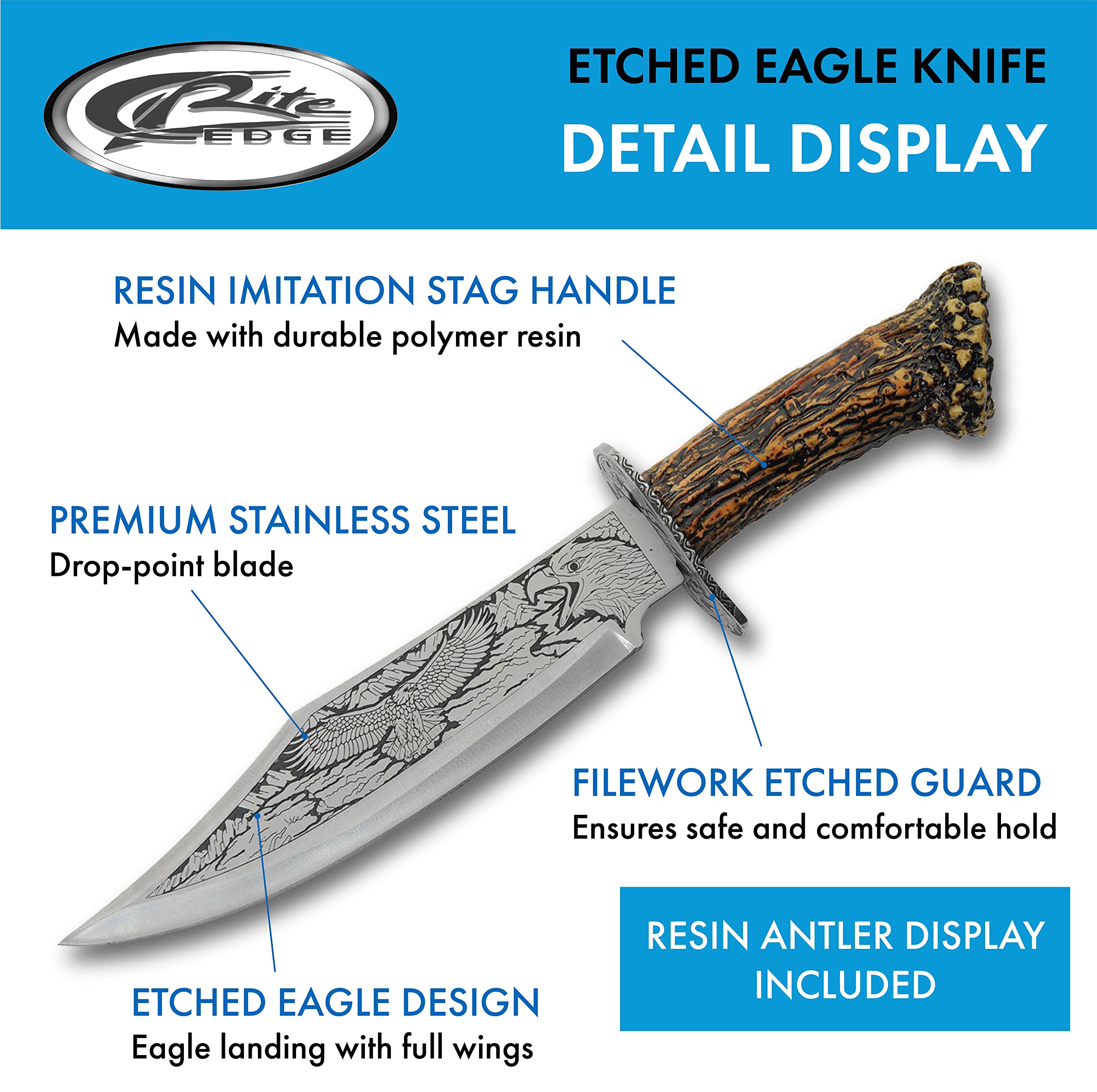 Szco Supplies 11.5” Decorative Eagle Etched Blade Outdoor Hunting Knife with Display Relief Art/Printed Antler Stand