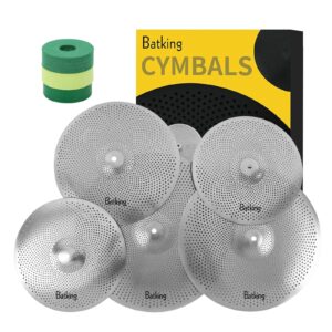 Batking Low Volume Cymbal Pack,60%-70% 14/16/18/20” Quiet Cymbals Practice Set Of 5 Pcs Practice With Cymbal Felt and Sleeve