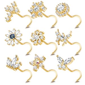 ubjuliwa 9pcs 20g stainless steel nose rings gold retainer bone screw nose studs for women men cubic zirconia moon star flower butterfly nose piercing jewelry