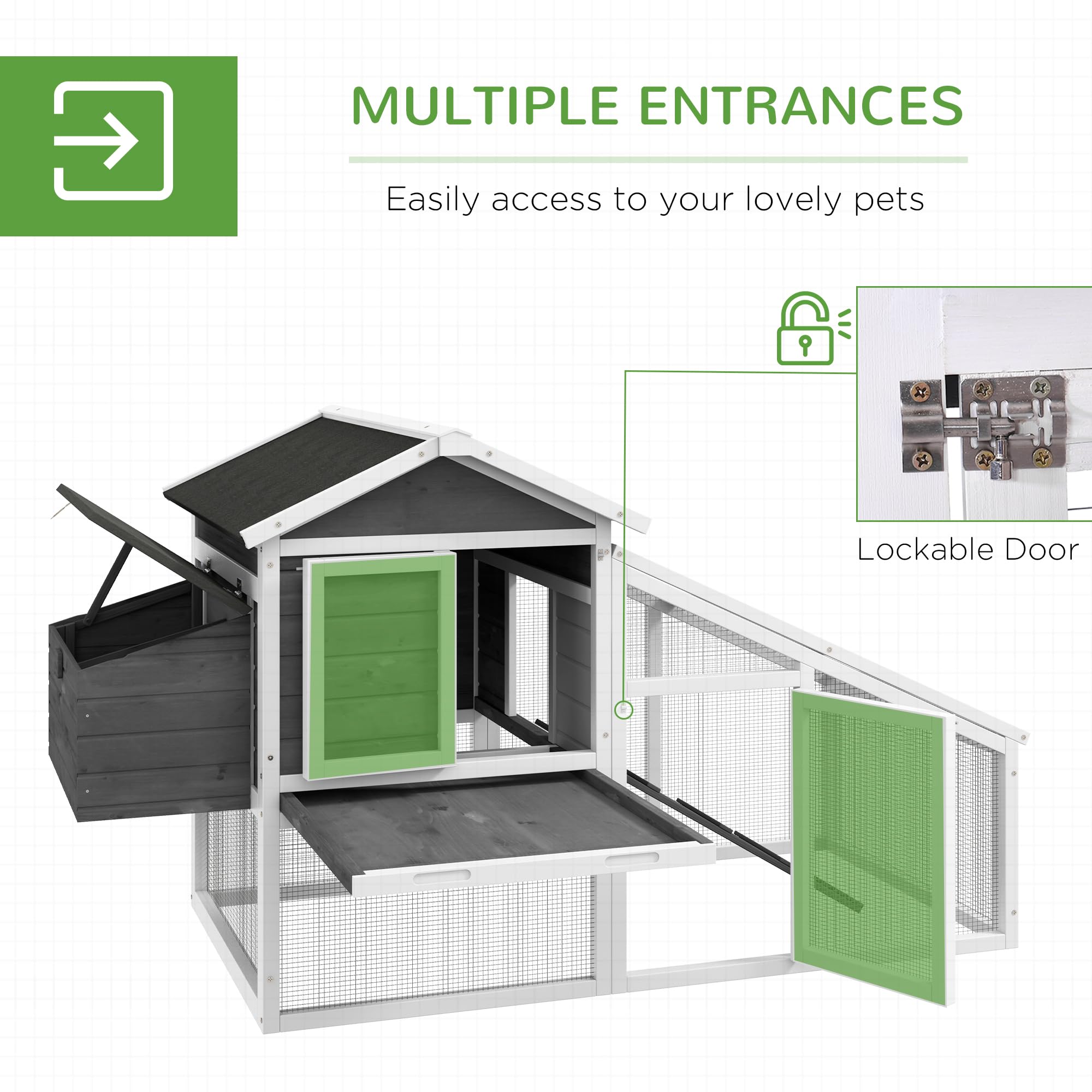 PawHut 69" Chicken Coop Wooden Chicken House, Rabbit Hutch Pen, Outdoor Backyard Poultry Hen Cage with Run w/Nesting Box, Removable Tray for Easy Cleaning, Asphalt Roof, and Safe Lockable Door