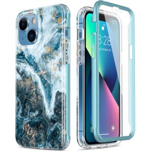 Esdot for iPhone 13 Case with Built-in Screen Protector,Military Grade Rugged Cover with Fashionable Designs for Women Girls,Protective Phone Case 6.1" Opal Marble Teal