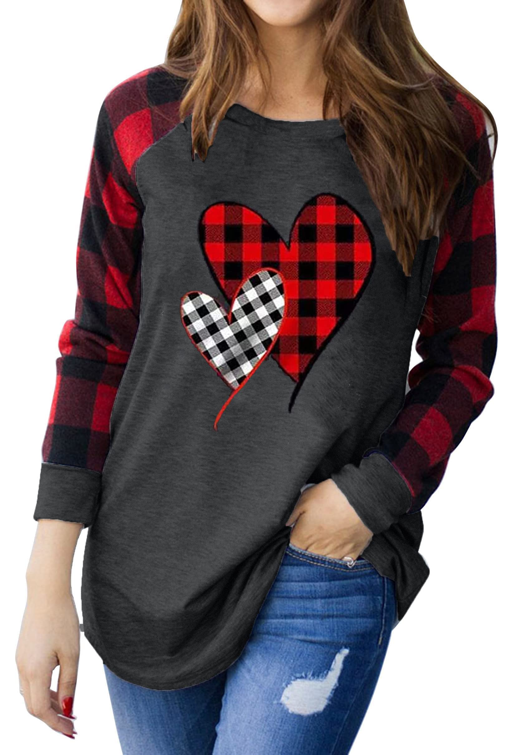 MHTOR Valentine's Day Shirt Women Buffalo Plaid Love Heart Graphic Tees Letter Print Long Sleeve Tops Shirts (Grey, X-Large)