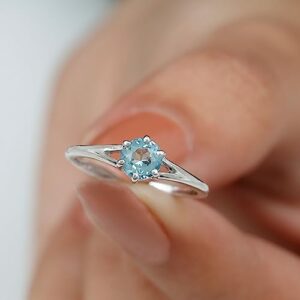 Natural Aquamarine Promise Ring for Women, AAA Quality, Certified March Birthstone Ring - With Jewelry Box, 14K White Gold, Size:US 4.00