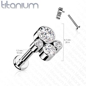 Dynamique Implant Grade Titanium Internally Threaded 4-CZ Paw Top Labret, Flat Back Stud (Sold Per Piecce)