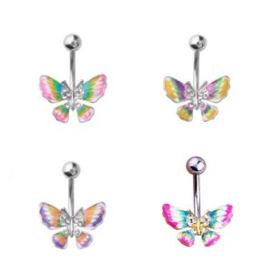 blue palm jewelry 4 - assorted set 14 gauge 3/8 inch 316l surgical steel barbell belly button navel rings dangles butterfly cz b631 color yellow purple pink green