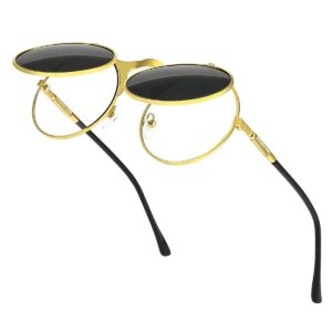 GYsnail Make the world clear Round Flip Up Sunglasses for Men, Cute Steampunk Shades with Double Lenses, Hippie Style (Gold)