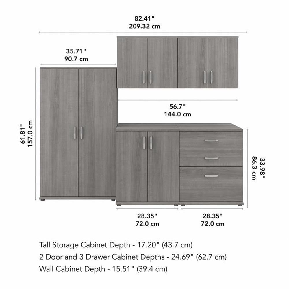 Bush Business Furniture Universal 5 Piece Modular Garage Storage Set with Floor and Wall Cabinets, Platinum Gray