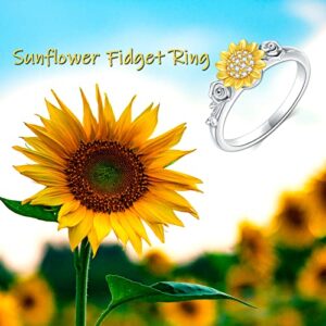 PROESS Sunflower Fidget Ring for Women Girls You Are My Sunshine Statement Ring Sterling Silver Rose Sunflower Jewelry Size 6-8 (6#)