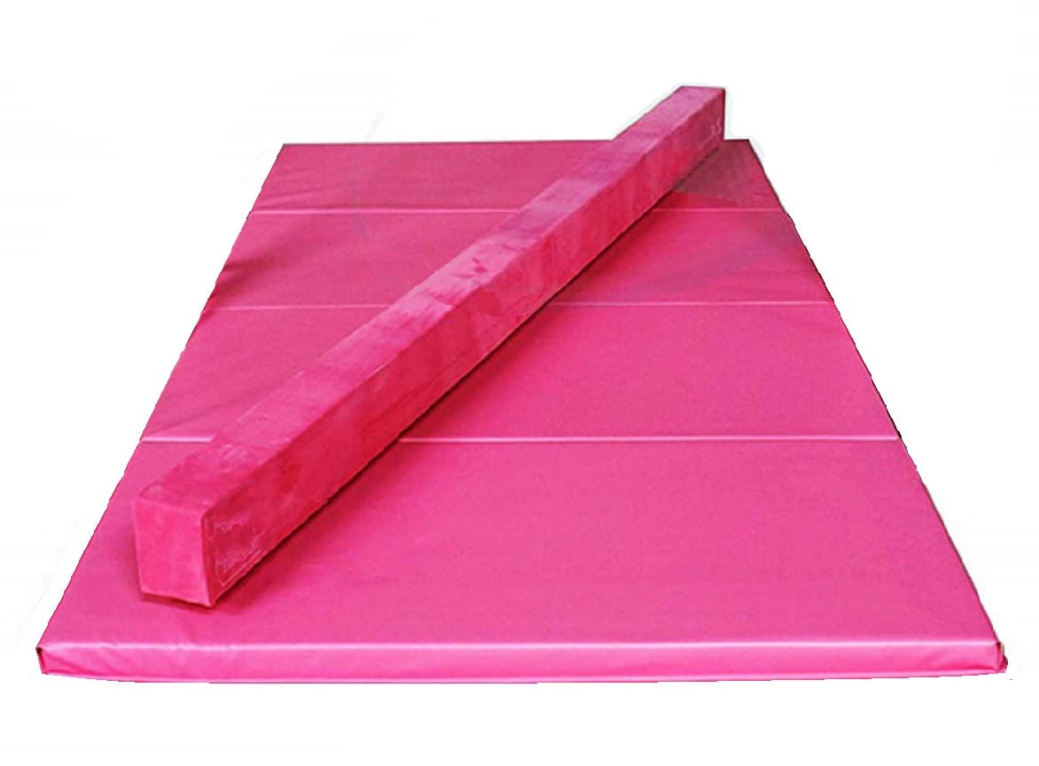 Athletic Bar Expandable Gymnastics Kip Bar Set with Balance Beam, 6'x4' Mat for Kids, Horizontal Bar Junior Gymnastic Training Exercise Gymnast Home Gym Adjustable 3 to 5 FT Fiberglass Rail (Pink)