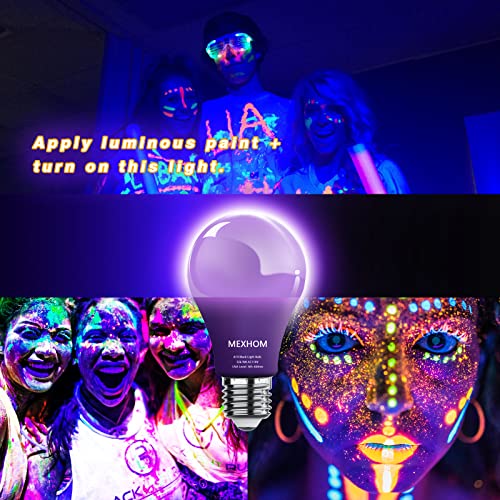 mfxmf 4 Pack A19 LED Black Light Bulbs,9W (100W Equivalent) E26 Base Dimmable Black Lights, UVA Level 385-400NM, Halloween Light Bulbs，Glow in The Dark，Fluorescent Poster, Body Paint,Neon Glow Party