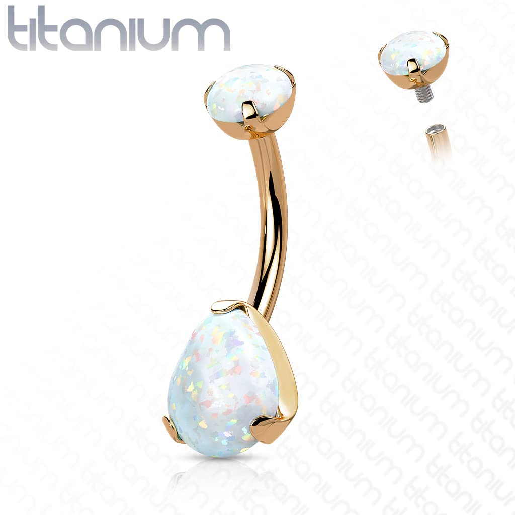 Dynamique Implant Grade Titanium Internally Threaded Top Prong Set Pear Opal Belly Button Rings (Sold Per Piecce)