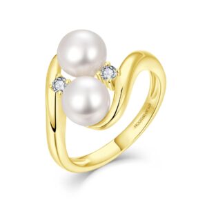 JO WISDOM Pearl Ring,925 Sterling Silver Cubic Zirconia Gold Women's Rings with Two Pearls 7mm White Freshwater Cultured Pearl Ring size 7