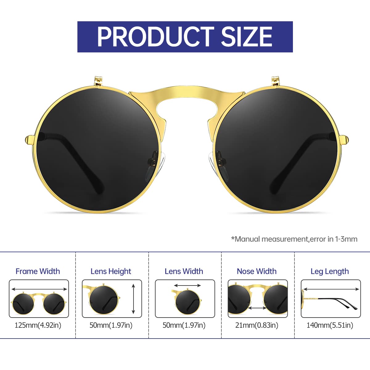 GYsnail Make the world clear Round Flip Up Sunglasses for Men, Cute Steampunk Shades with Double Lenses, Hippie Style (Gold)