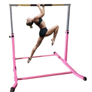 Athletic Bar Expandable Gymnastics Kip Bar Set with Balance Beam, 6'x4' Mat for Kids, Horizontal Bar Junior Gymnastic Training Exercise Gymnast Home Gym Adjustable 3 to 5 FT Fiberglass Rail (Pink)